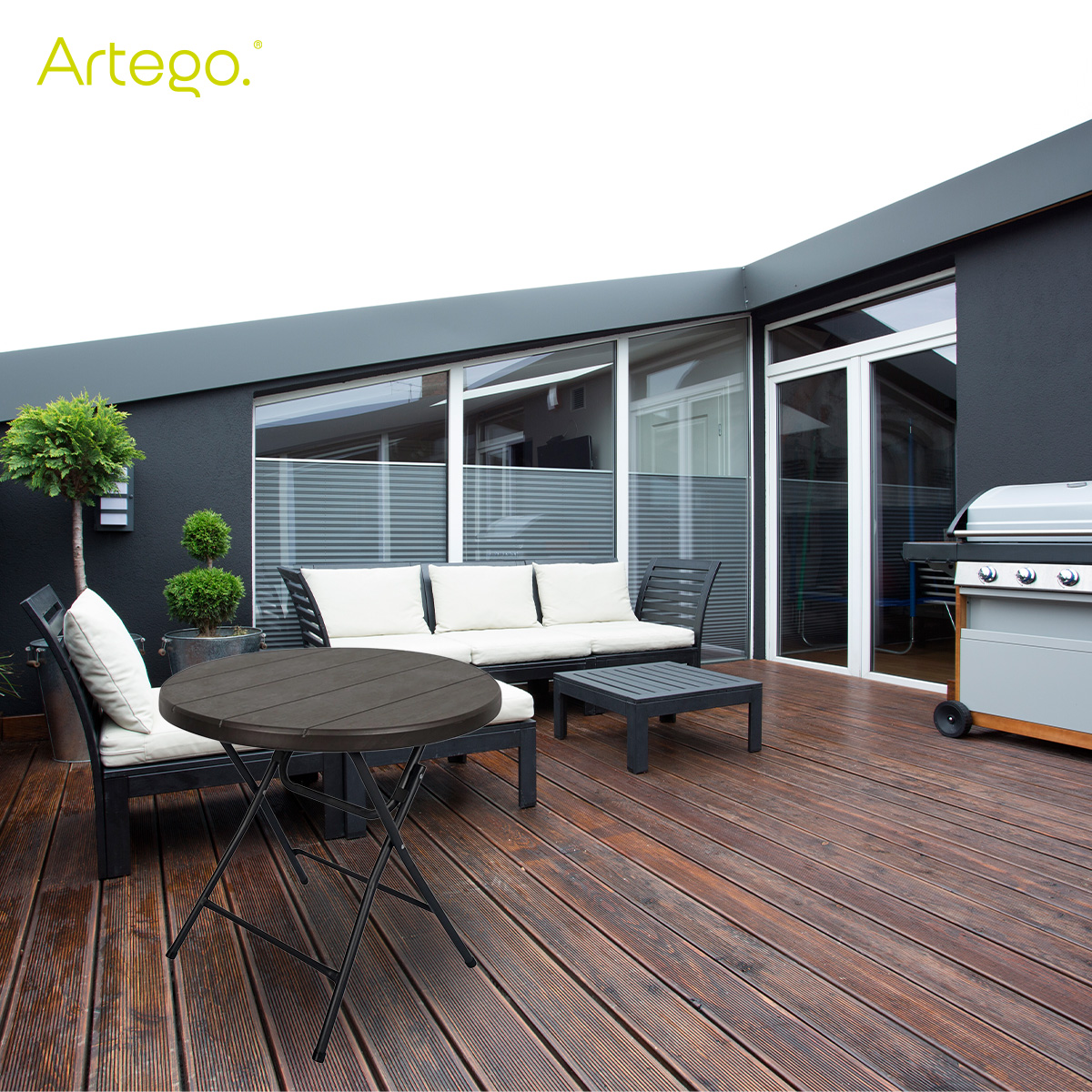 Mesa circular plegable acabado tipo madera plástico HDPE ligera Folding table mesa compacta para terraza jardín balcón apoyo eventos de 80cm