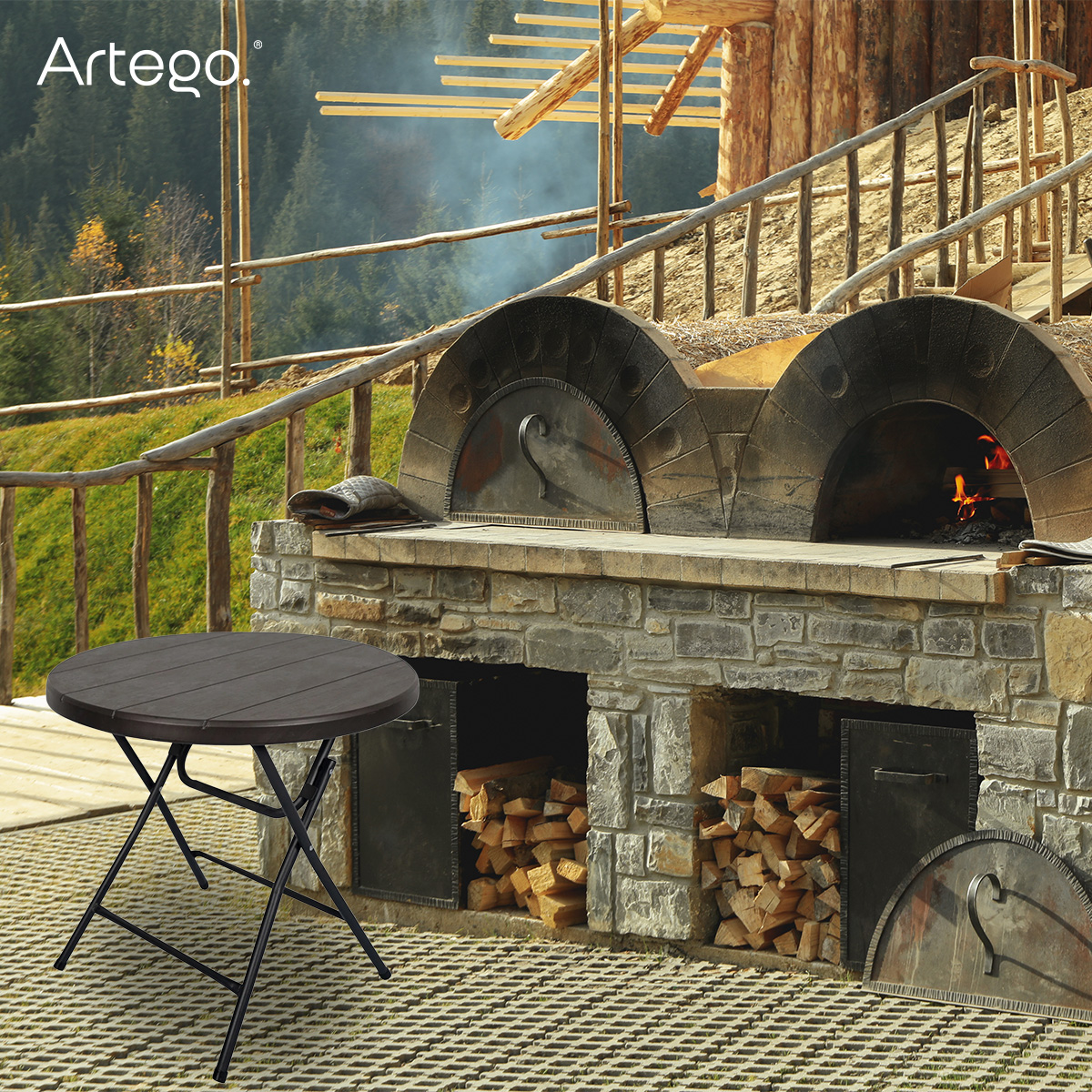 Mesa circular plegable acabado tipo madera plástico HDPE ligera Folding table mesa compacta para terraza jardín balcón apoyo eventos de 80cm