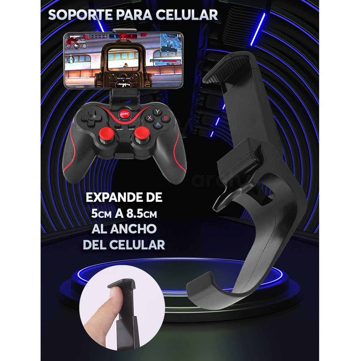 Mando Control Gamepad Archy Joystick Compatible con Android inalámbrico con Bluetooth, Soporte Celular y Agarre cómodo (C8S / X3).