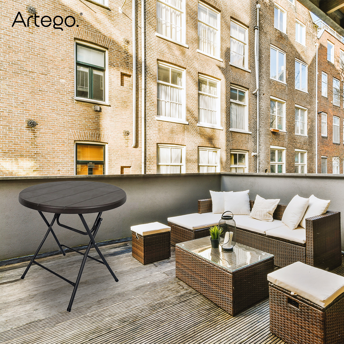 Mesa circular plegable acabado tipo madera plástico HDPE ligera Folding table mesa compacta para terraza jardín balcón apoyo eventos de 80cm