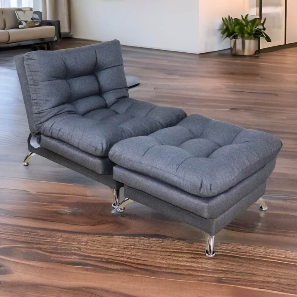 Sofa cama Individual Moderno Sillón con Taburete tapizado en Lino Oxford