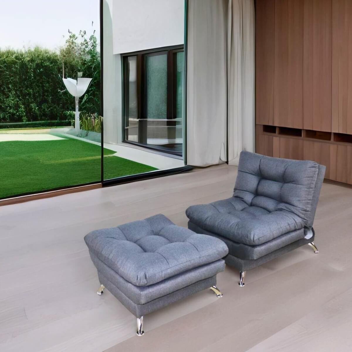 Sofa cama Individual Moderno Sillón con Taburete tapizado en Lino Oxford