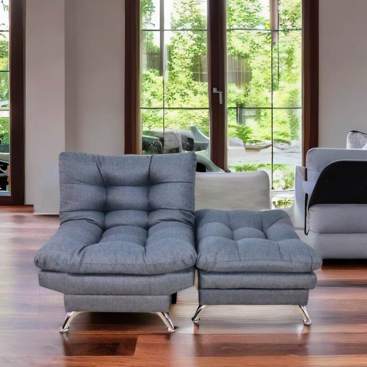 Sofa cama Individual Moderno Sillón con Taburete tapizado en Lino Oxford