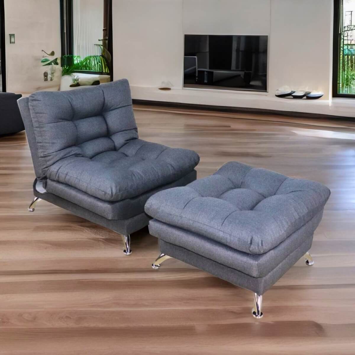 Sofa cama Individual Moderno Sillón con Taburete tapizado en Lino Oxford