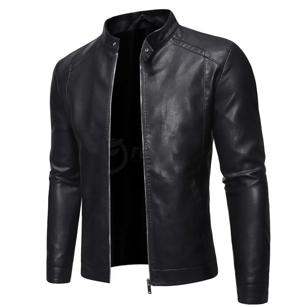 Chamarra De Piel Rockera Hombre Slim Biker Cuello Alto B6.