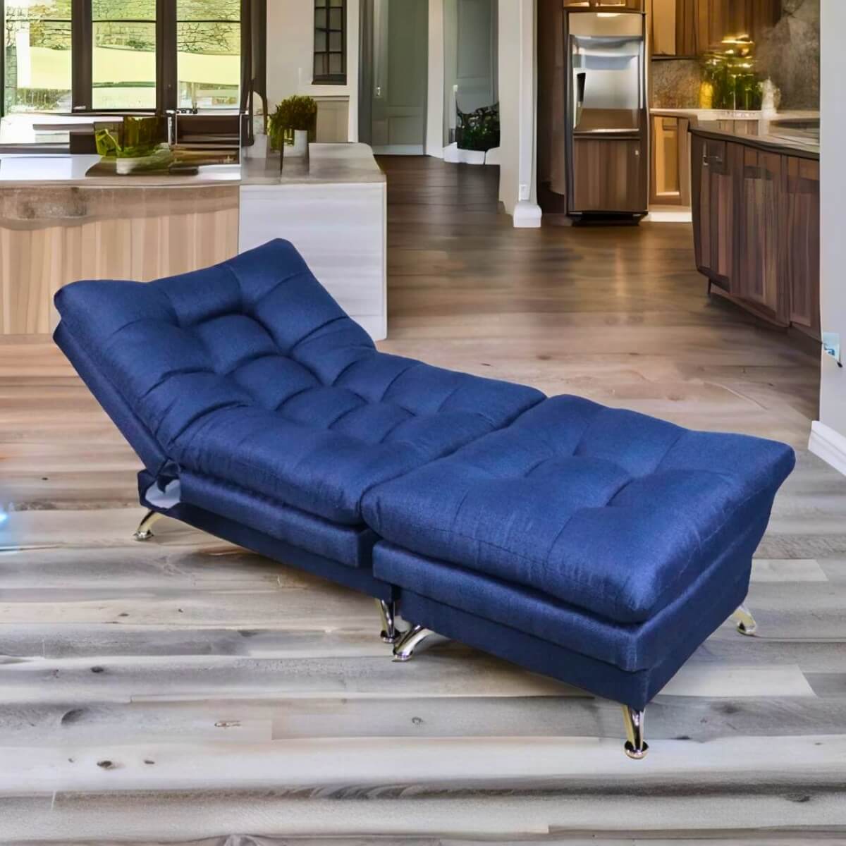 Sofa cama Individual Sillon Reclinable con Taburete tapizado en Lino Azul