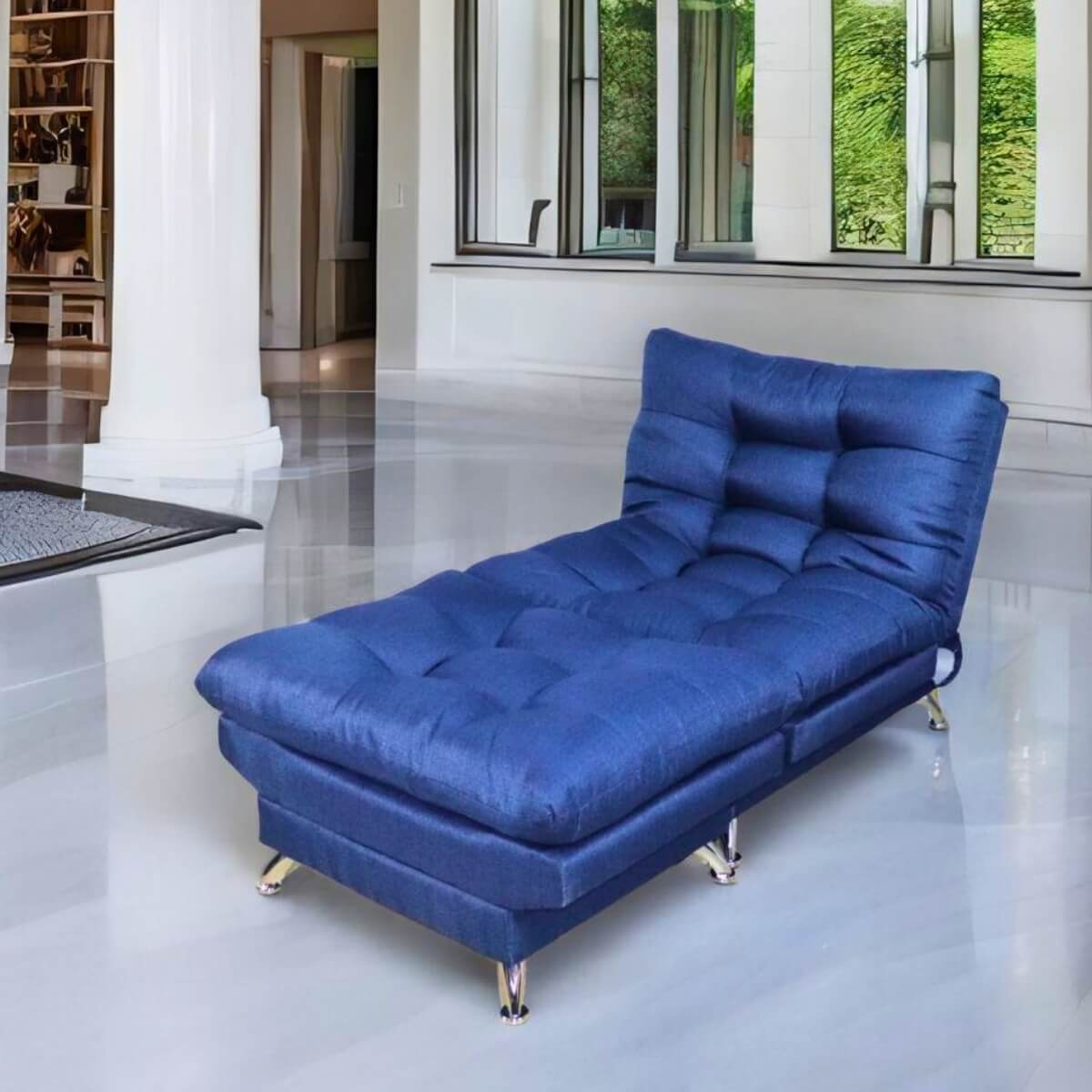 Sofa cama Individual Sillon Reclinable con Taburete tapizado en Lino Azul