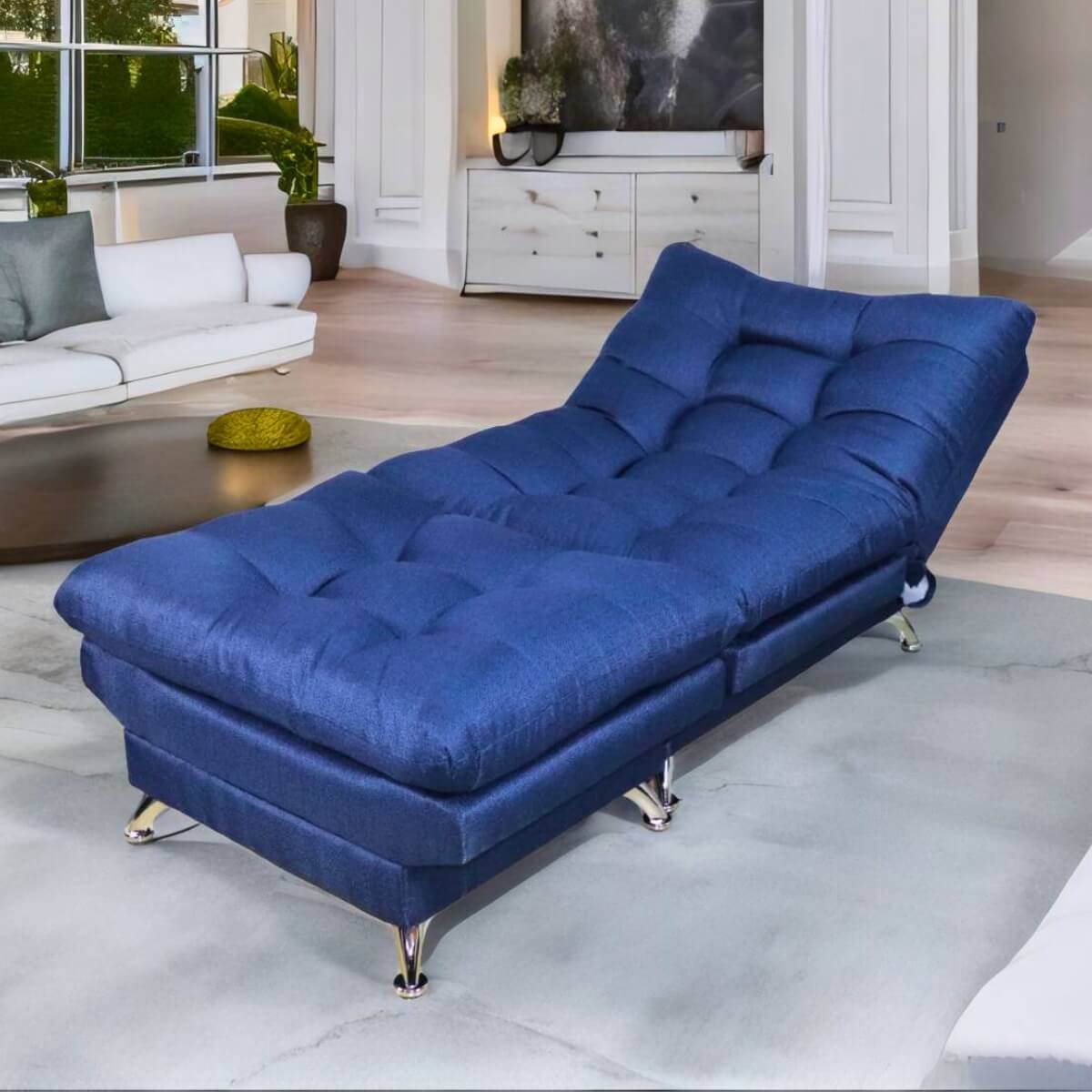 Sofa cama Individual Sillon Reclinable con Taburete tapizado en Lino Azul