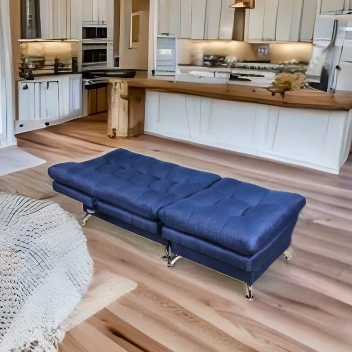Sofa cama Individual Sillon Reclinable con Taburete tapizado en Lino Azul