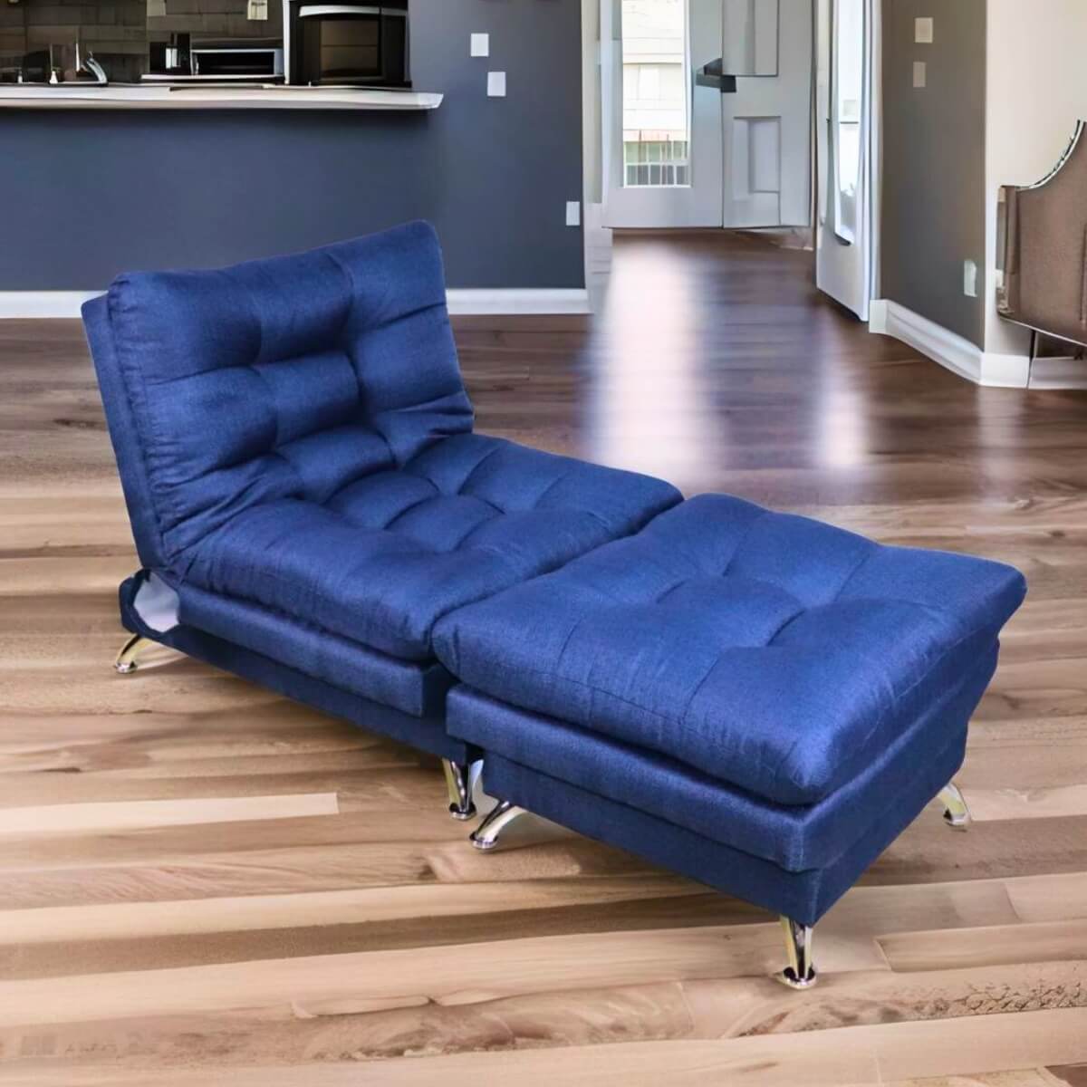 Sofa cama Individual Sillon Reclinable con Taburete tapizado en Lino Azul