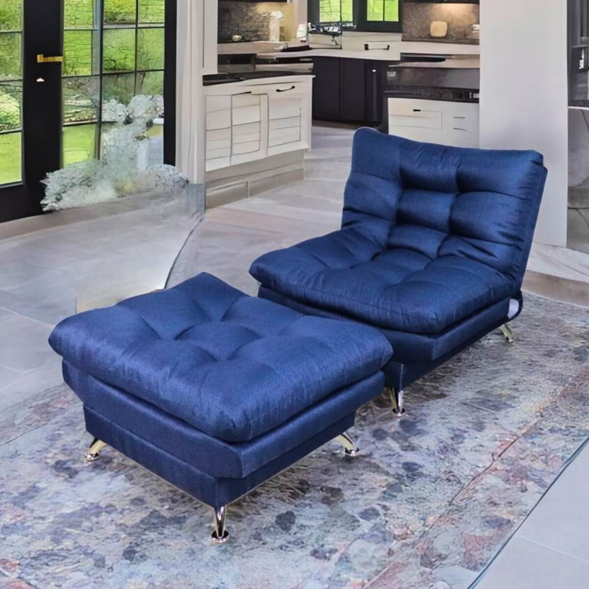 Sofa cama Individual Sillon Reclinable con Taburete tapizado en Lino Azul