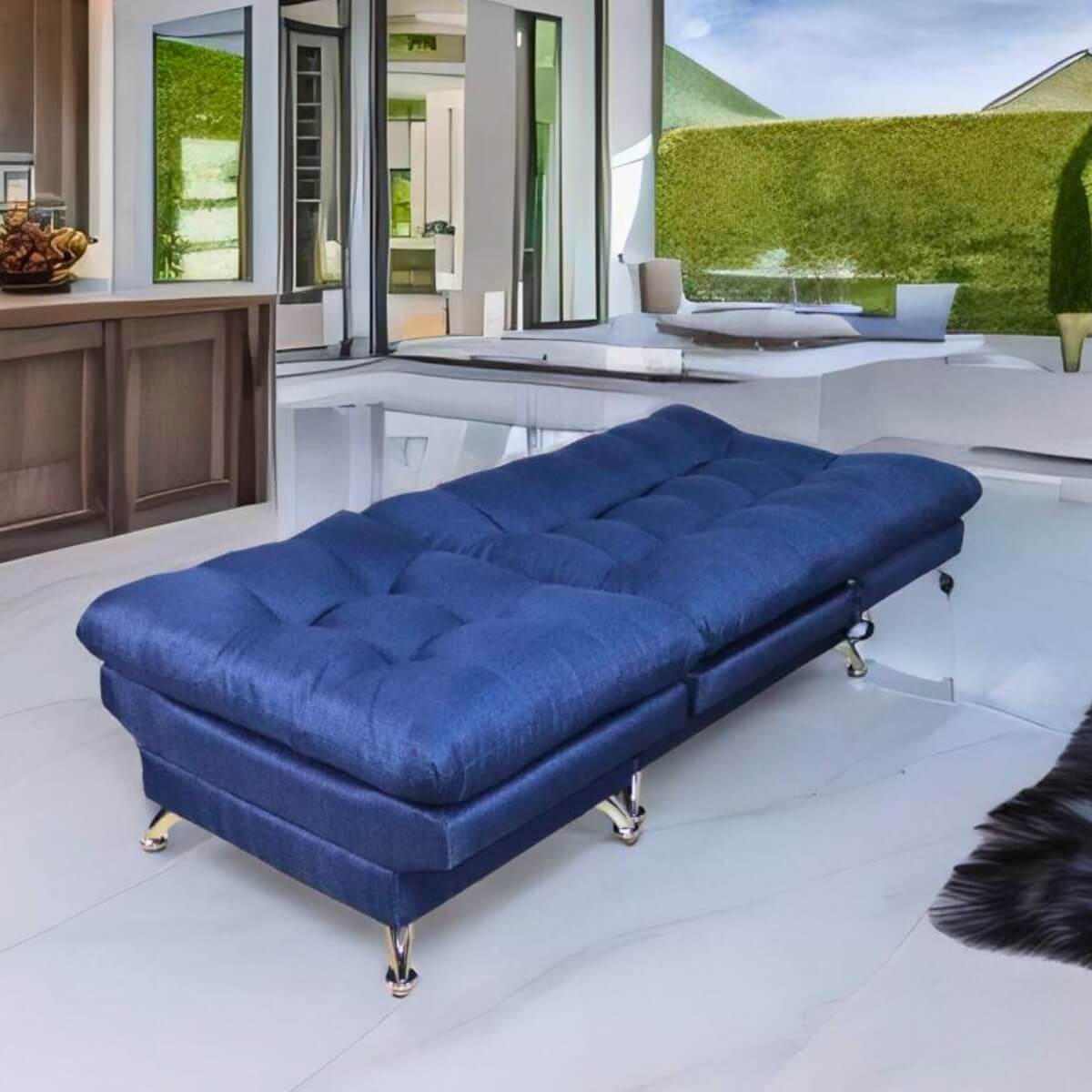 Sofa cama Individual Sillon Reclinable con Taburete tapizado en Lino Azul
