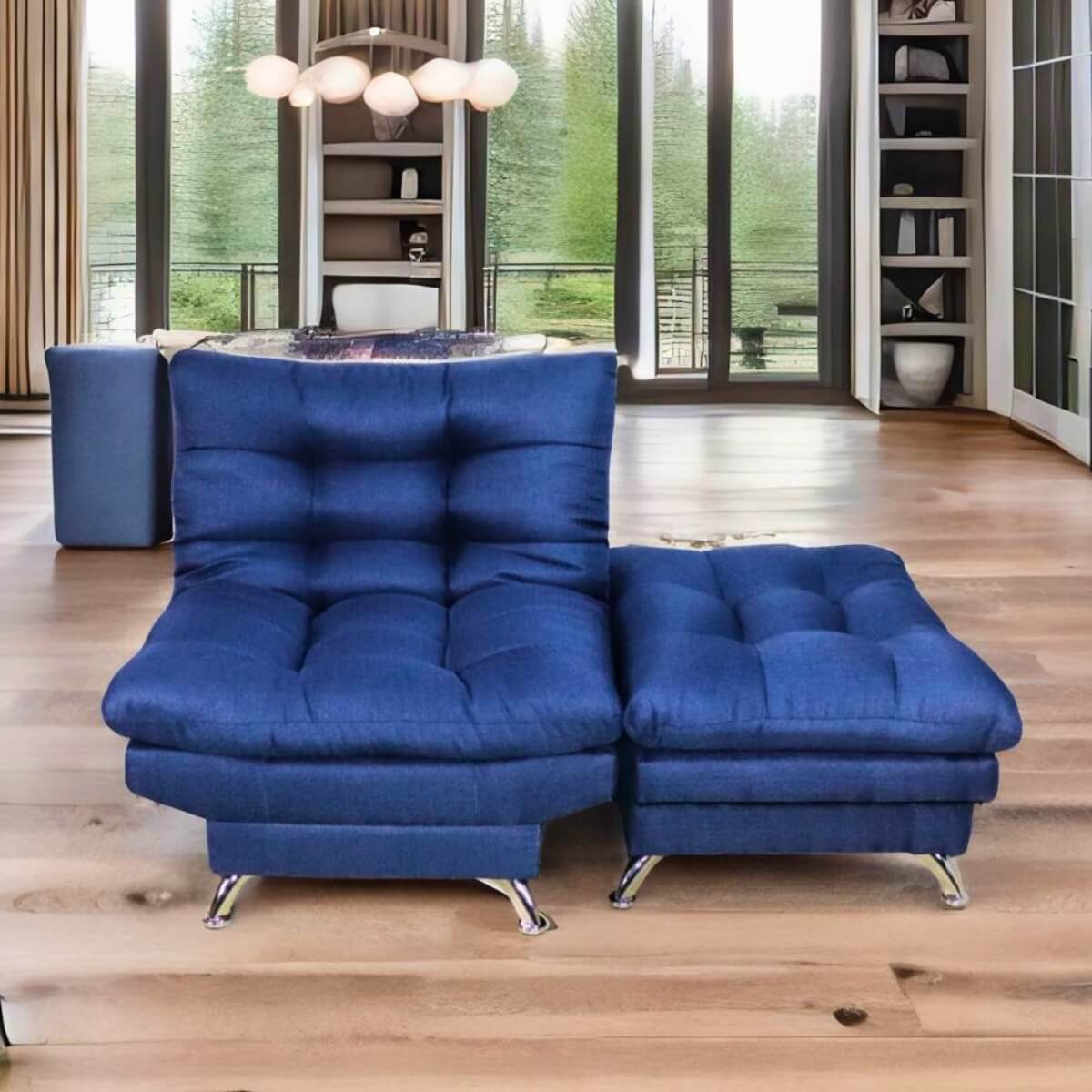 Sofa cama Individual Sillon Reclinable con Taburete tapizado en Lino Azul