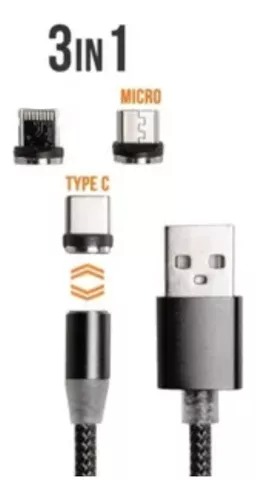 Cable Cargador Negro De Celular Magnético 3 Entradas En 1