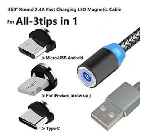 Cable Cargador Negro De Celular Magnético 3 Entradas En 1