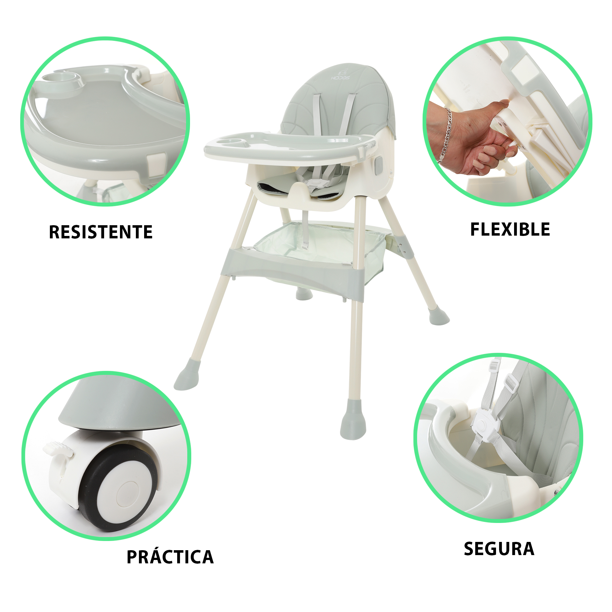 Silla Alta Periquera Bebe Mecedora 5 En 1 Ajustable Plegable Verde Olivo.