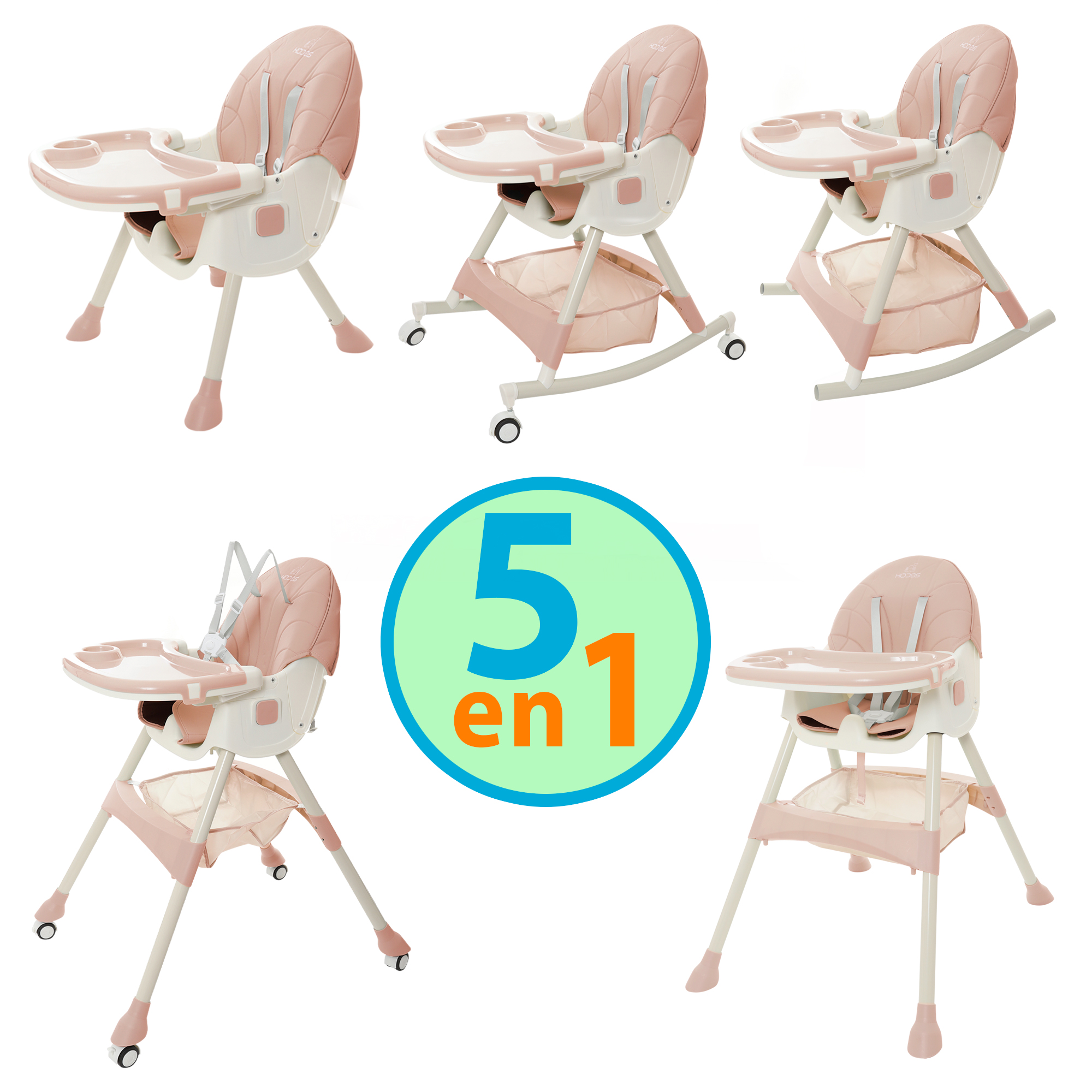 Silla Alta Periquera Bebe Mecedora 5 En 1 Ajustable Plegable ROSA.