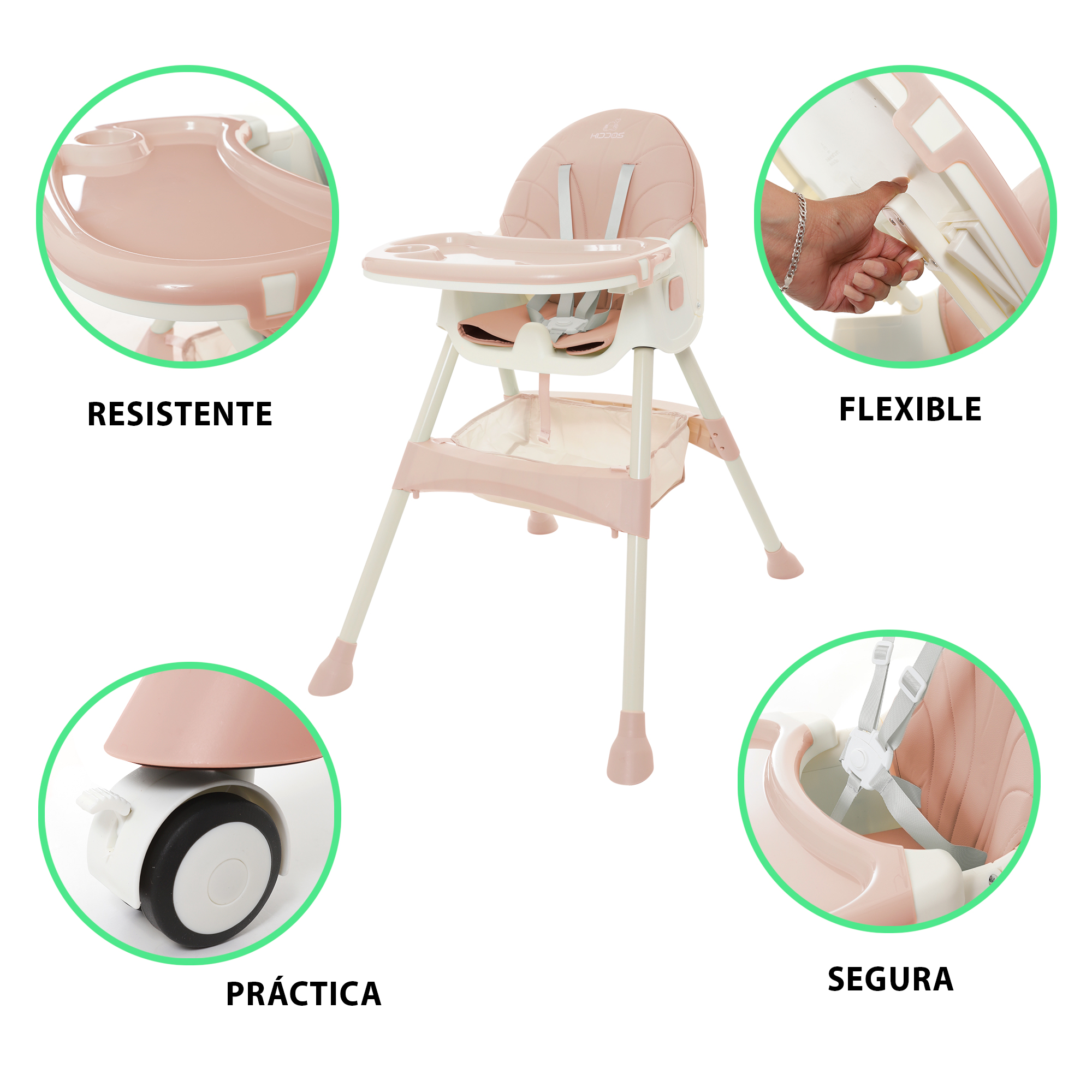 Silla Alta Periquera Bebe Mecedora 5 En 1 Ajustable Plegable ROSA.