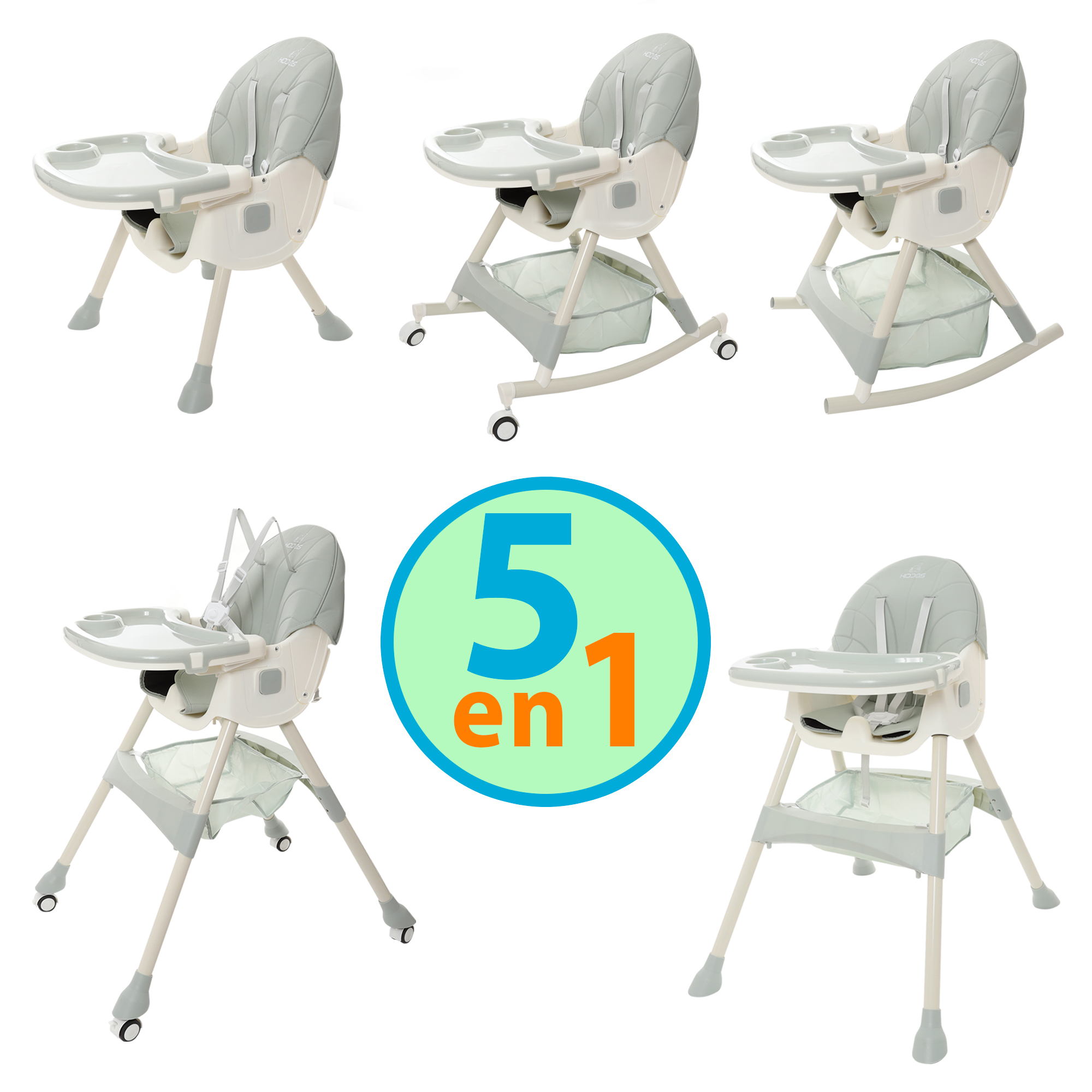 Silla Alta Periquera Bebe Mecedora 5 En 1 Ajustable Plegable Verde Olivo.