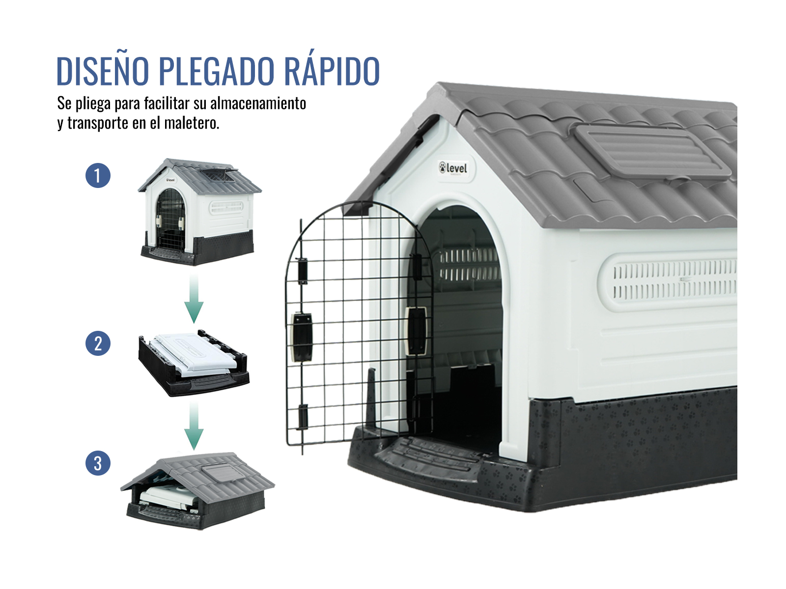 Casa Perro Grande Plegable Térmica Con Puerta Y Ventila Bliss Color Gris .