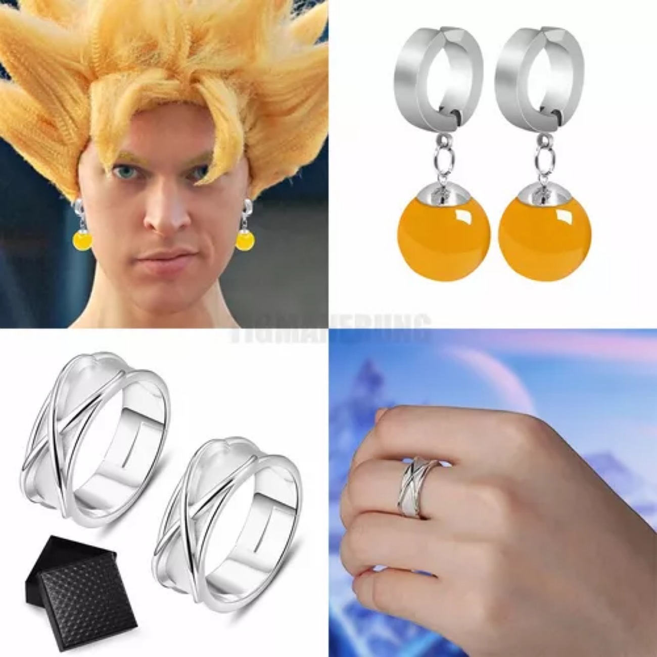 4pz Anillo De Súper Negro Goku+aretes Piedra De Ágata Fusión
