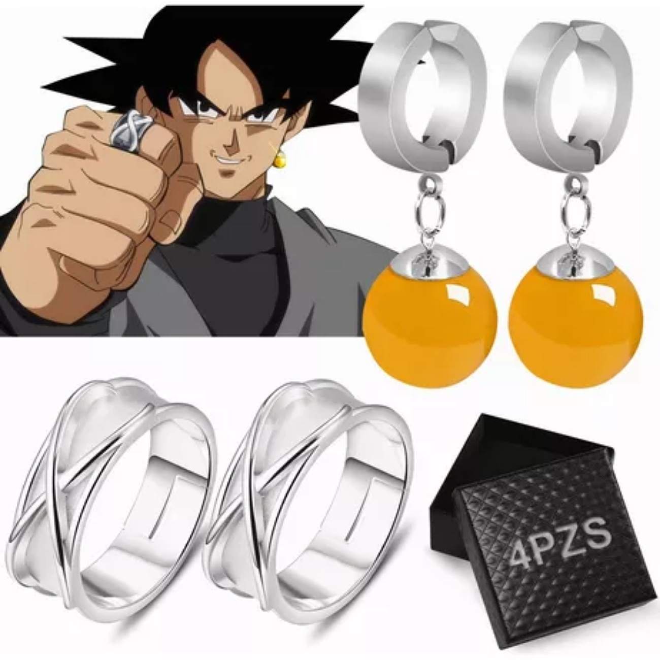 4pz Anillo De Súper Negro Goku+aretes Piedra De Ágata Fusión