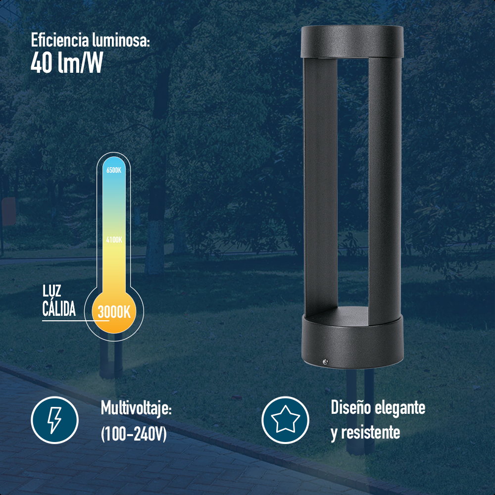 ICON Lampara de Jardín para caminos Tipo Cilindro 9W Luz Cálida 3000K IP65 35 CM