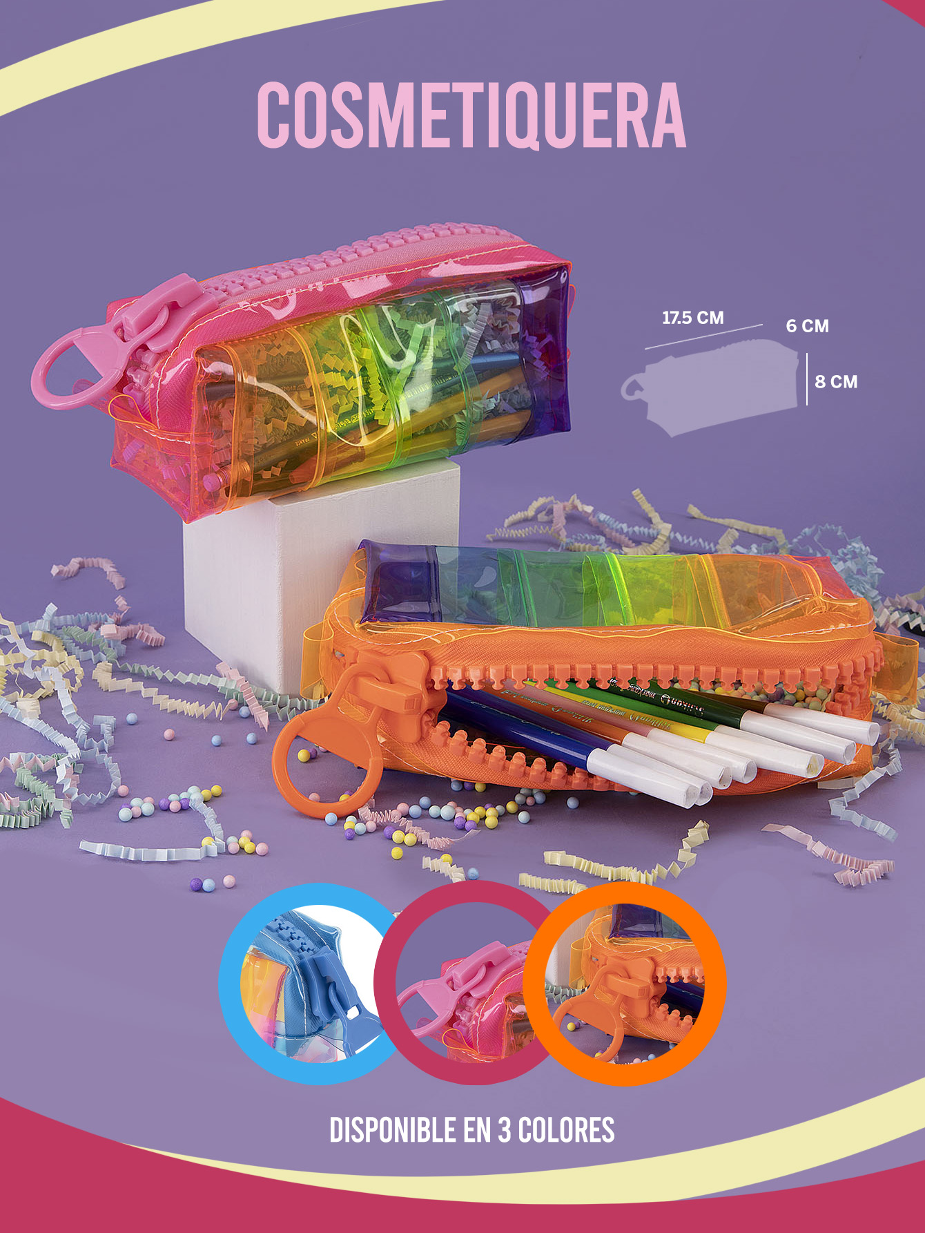 SAFIRIT, Lapicera con textura estuche para lápices multicolor cierre grande azul