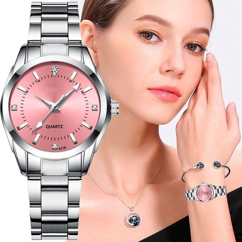 Reloj Mujer Acero Inoxidable Elegante Metal Contra Agua Cx Color de la correa Rosa