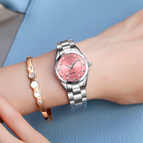 Reloj Mujer Acero Inoxidable Elegante Metal Contra Agua Cx Color de la correa Rosa