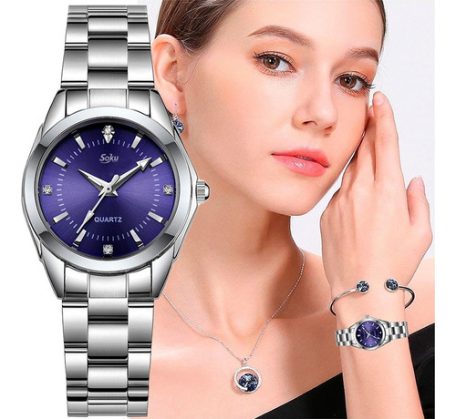 Reloj Mujer Acero Inoxidable Elegante Metal Contra Agua Cx Color de la correa Azul marino