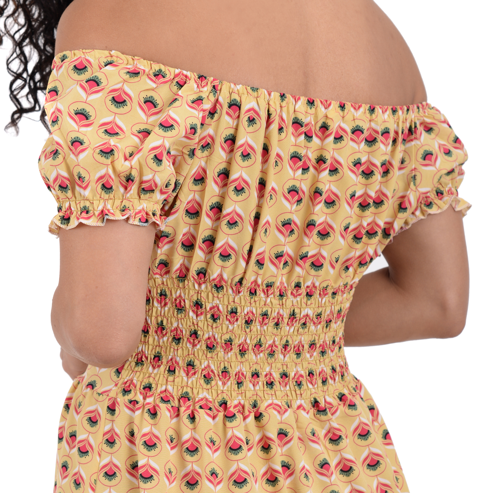 Vestido Primavera Estampados Resorte En Pecho Hombros Descubiertos Para Mujer Dama