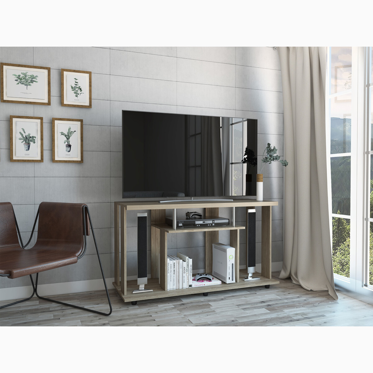 MUEBLE ARMABLE PARA TV DE 50" CON ESPACIOS PARA CONSOLAS DE VIDEOJUEGO O BOCINAS MODELO LANNES