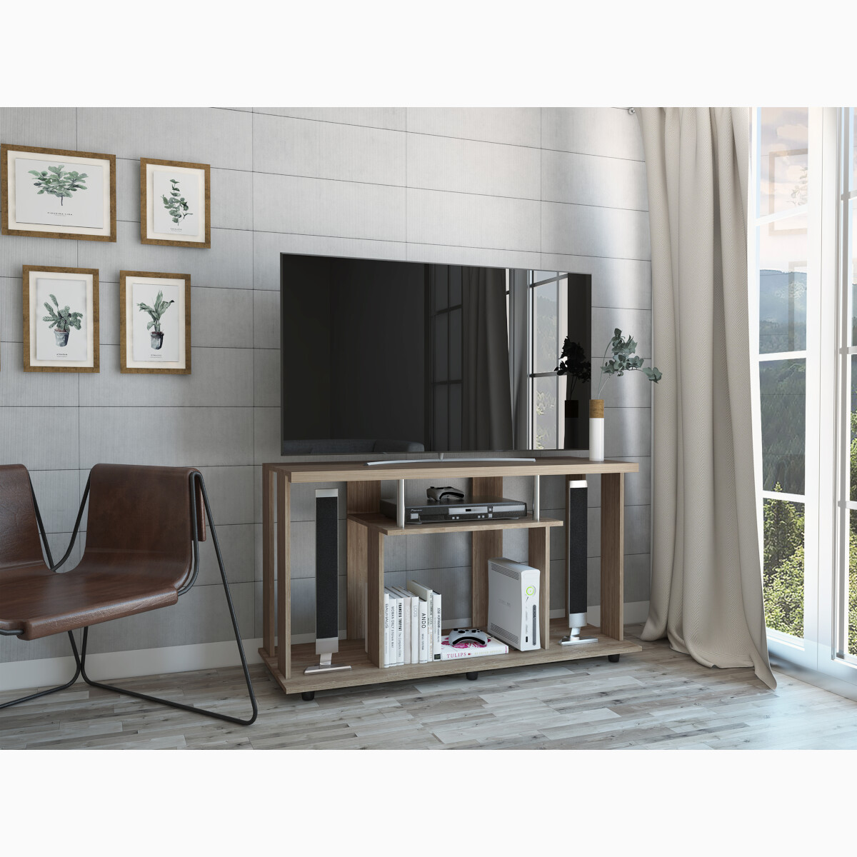 MUEBLE ARMABLE PARA TV DE 50" CON ESPACIOS PARA CONSOLAS DE VIDEOJUEGO O BOCINAS MODELO LANNES