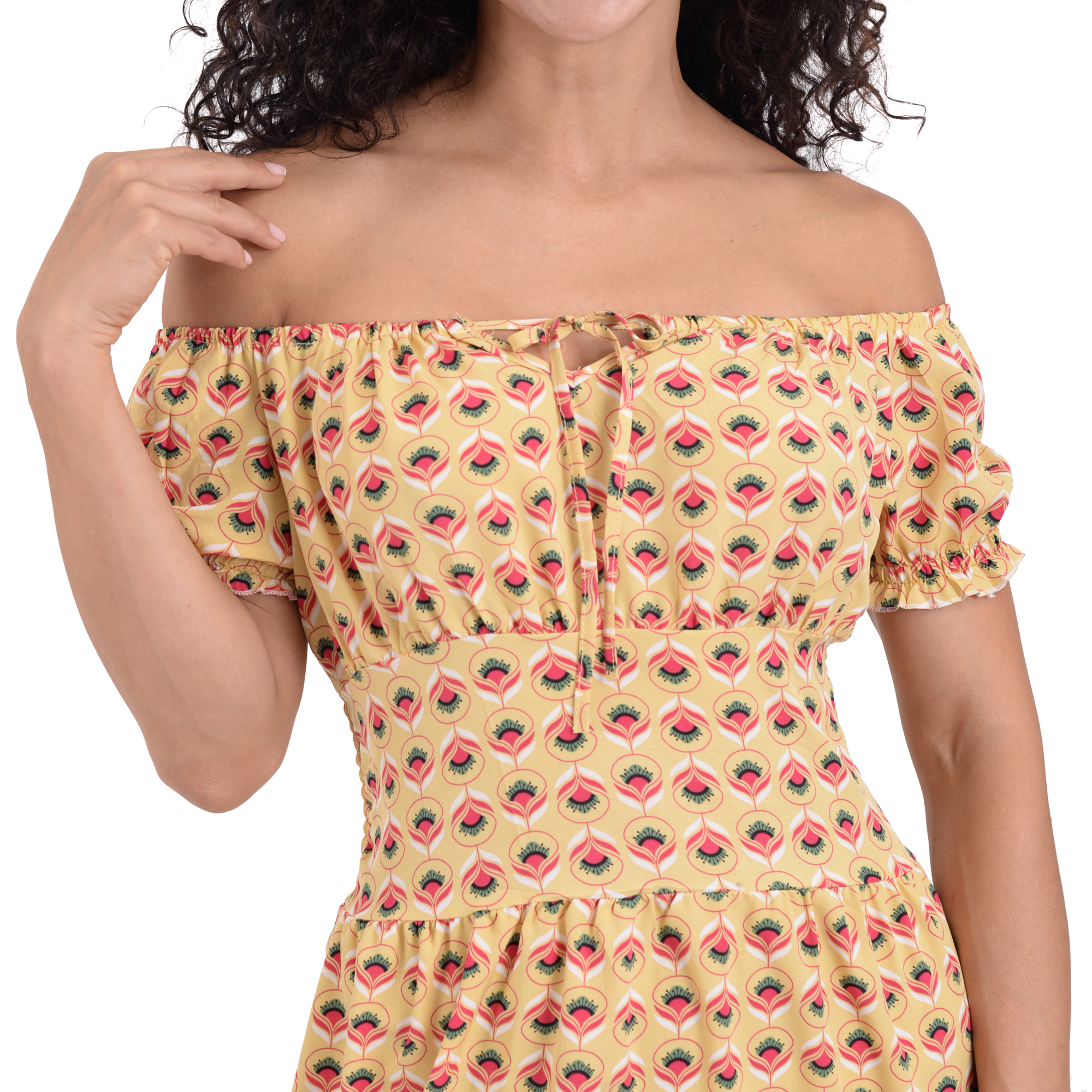 Vestido Primavera Estampados Resorte En Pecho Hombros Descubiertos Para Mujer Dama