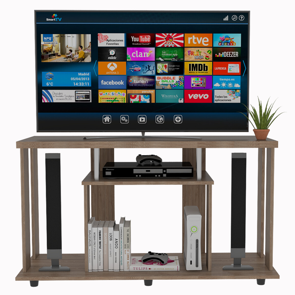 MUEBLE ARMABLE PARA TV DE 50" CON ESPACIOS PARA CONSOLAS DE VIDEOJUEGO O BOCINAS MODELO LANNES