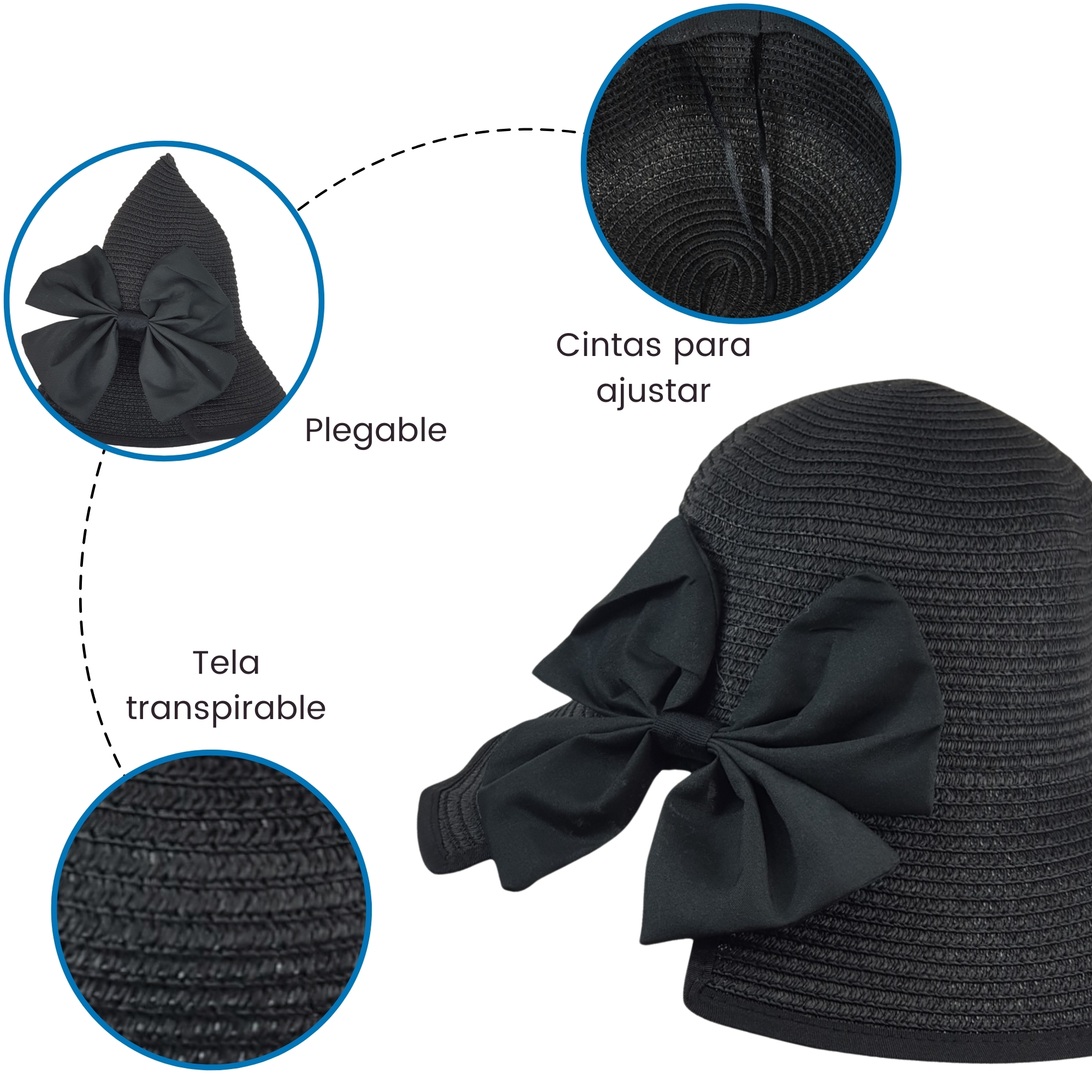 Sombrero de Mujer para Sol Playa Protección Paja Plegable Transpirable - Negro.