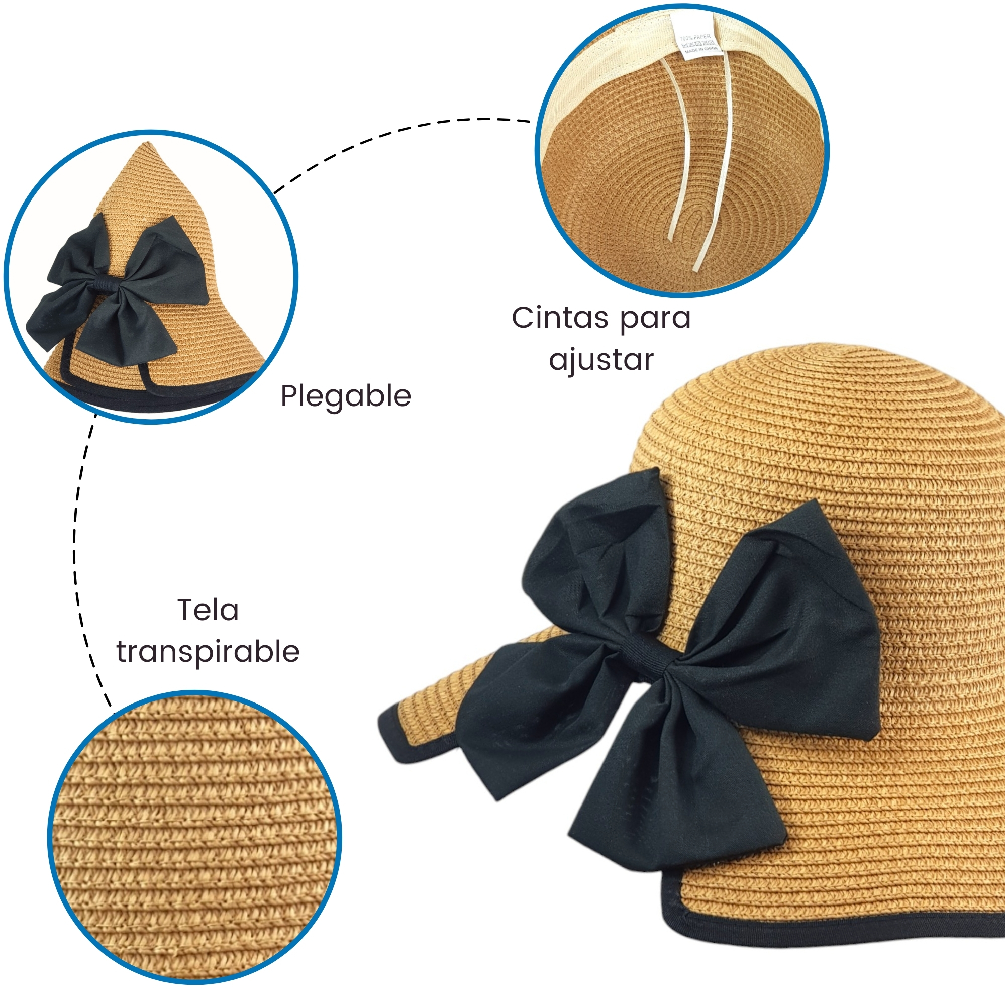 Sombrero de Mujer para Sol Playa Protección Paja Plegable Transpirable - Café.