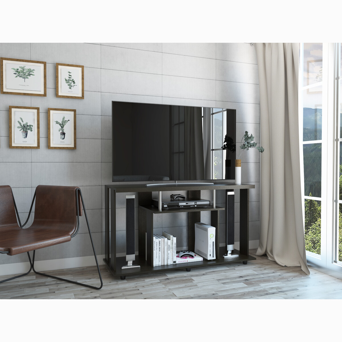 MUEBLE ARMABLE PARA TV DE 50" CON ESPACIOS PARA CONSOLAS DE VIDEOJUEGO O BOCINAS MODELO LANNES COLOR CAFE