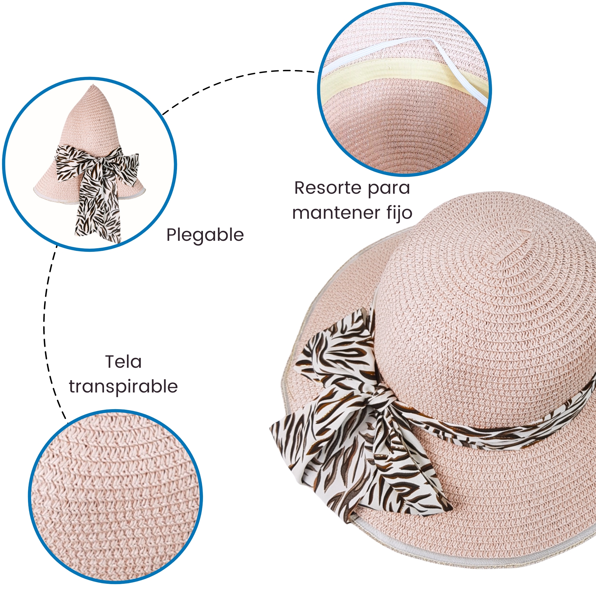 Sombrero de Mujer de Ala Ancha Sol Playa Protección Paja Plegable - Rosa.