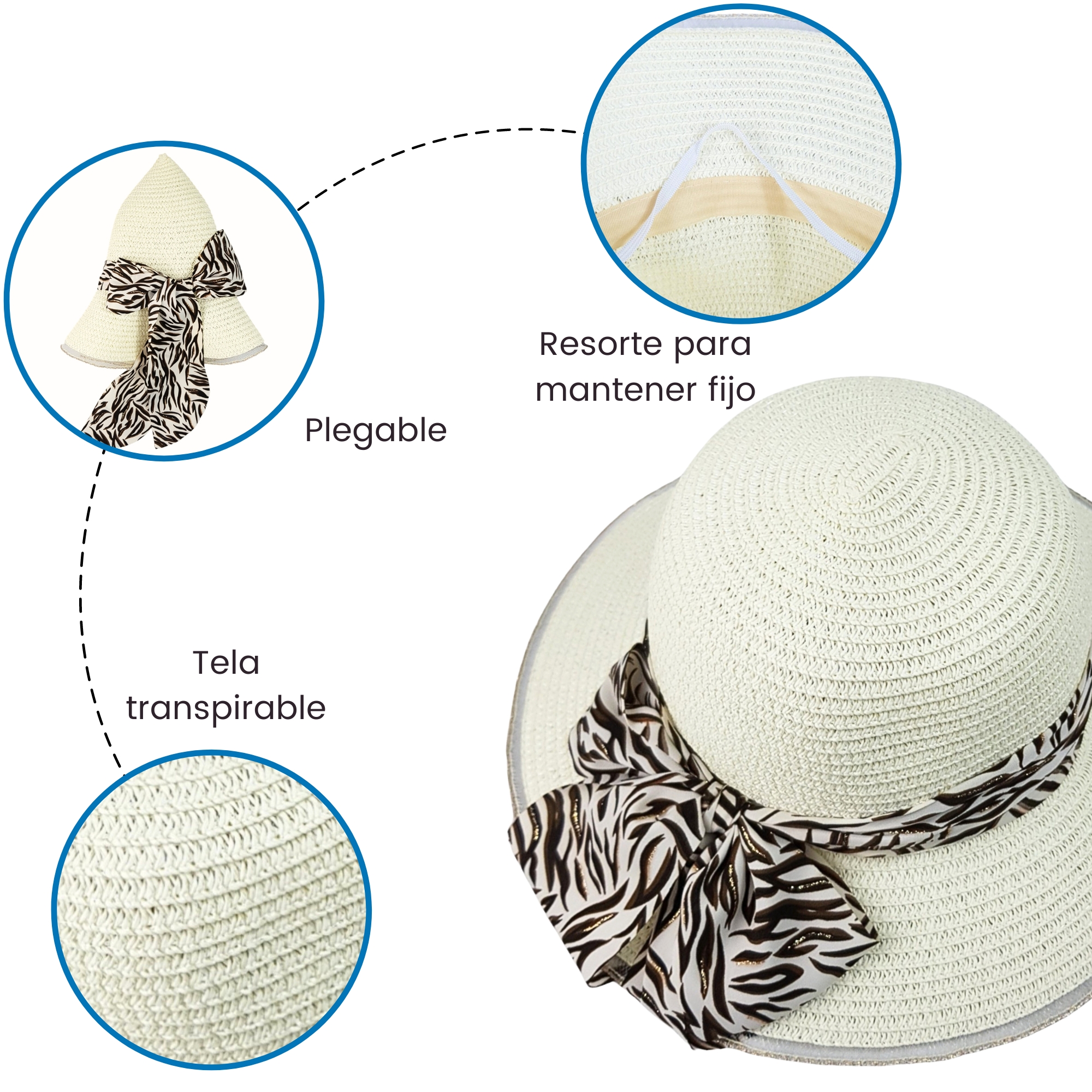   Sombrero de Playa para Mujer con Ala de 9 cm y Plegable, Diseño con Resorte para Mantener Fijo, Protección UV - Blanco.
