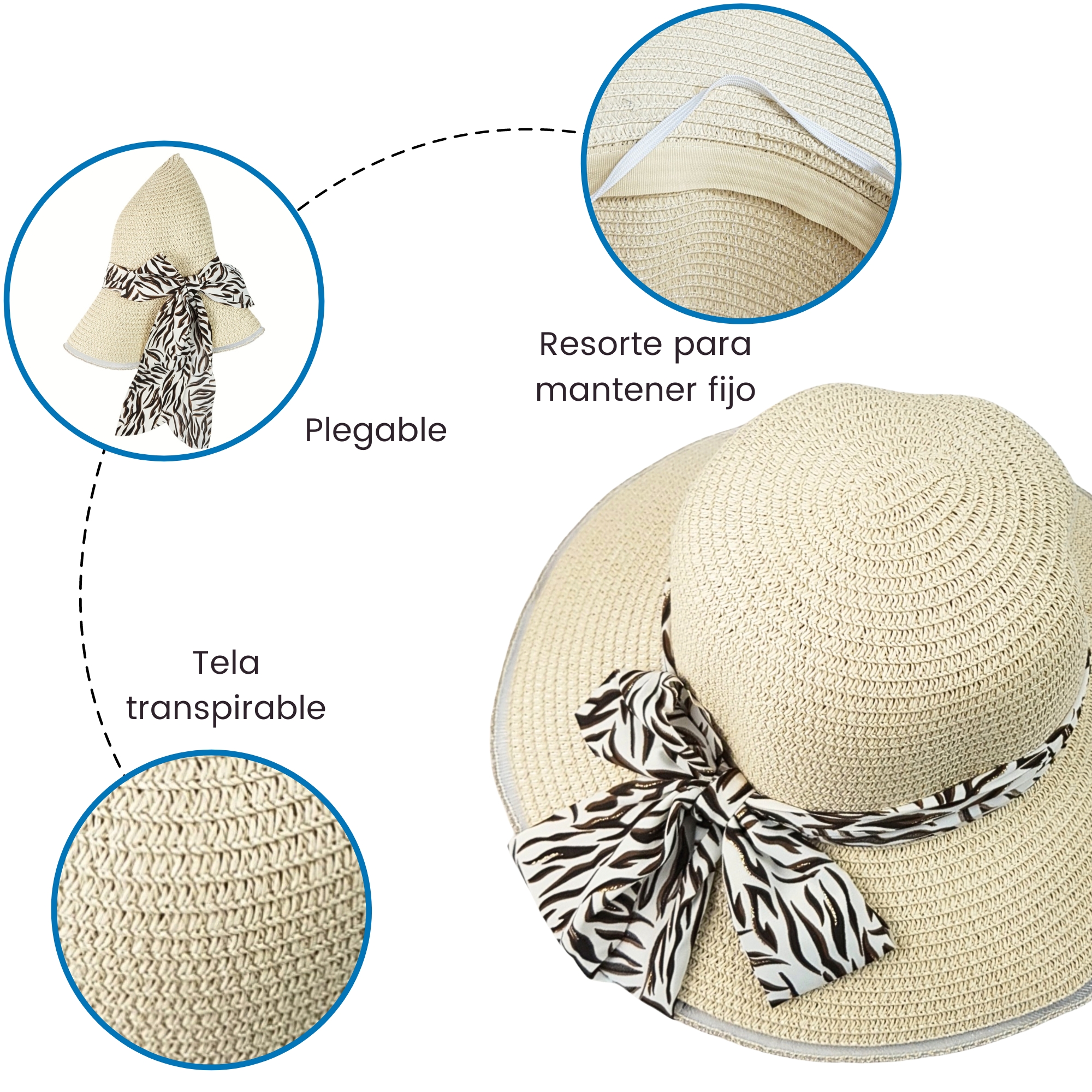   Sombrero de Playa para Mujer con Ala de 9 cm y Plegable, Diseño con Resorte para Mantener Fijo, Protección UV - Beige.