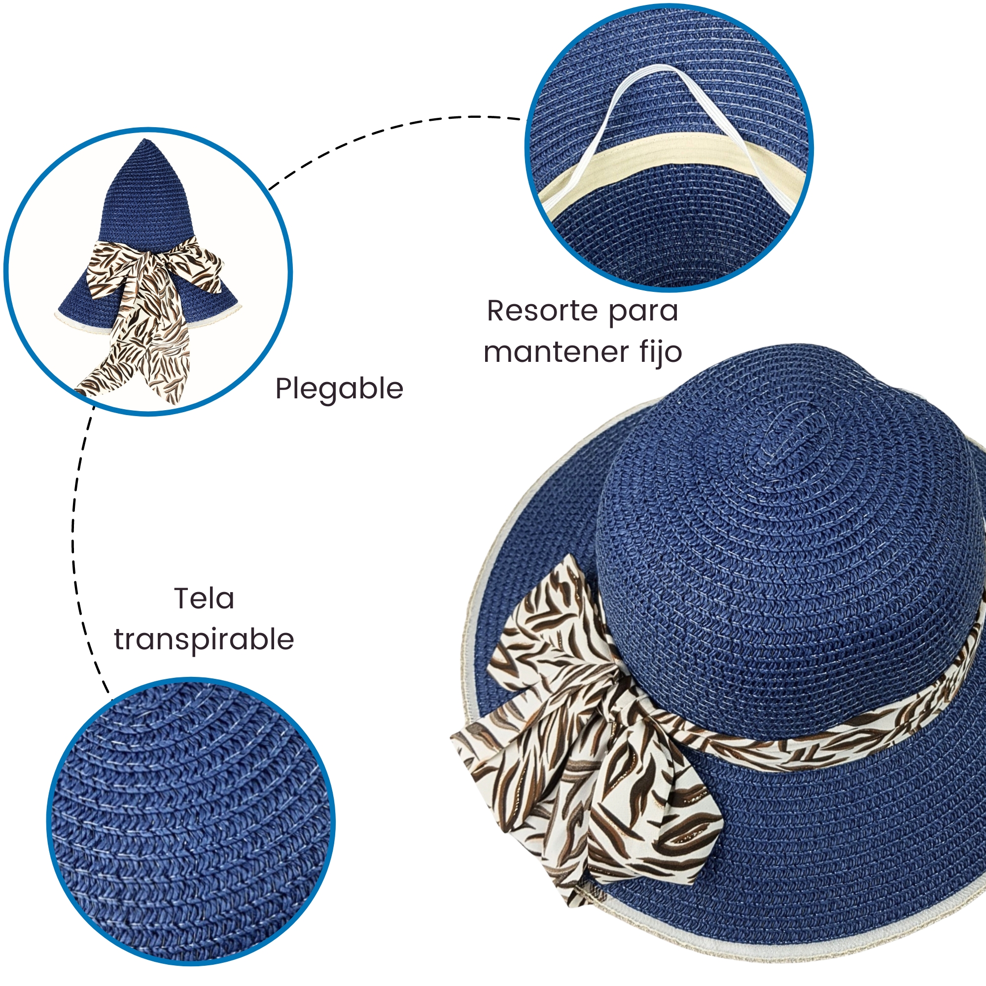   Sombrero de Playa para Mujer con Ala de 9 cm y Plegable, Diseño con Resorte para Mantener Fijo, Protección UV - Azul.