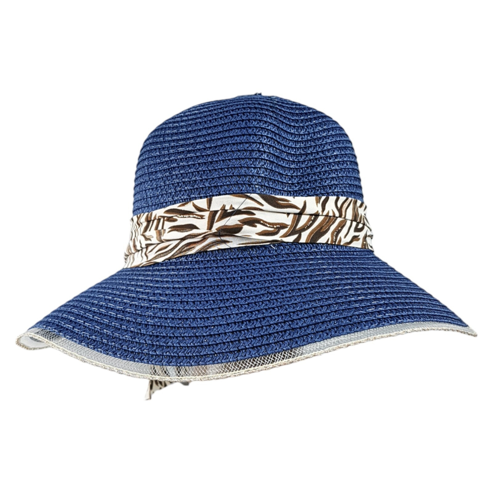   Sombrero de Playa para Mujer con Ala de 9 cm y Plegable, Diseño con Resorte para Mantener Fijo, Protección UV - Azul.