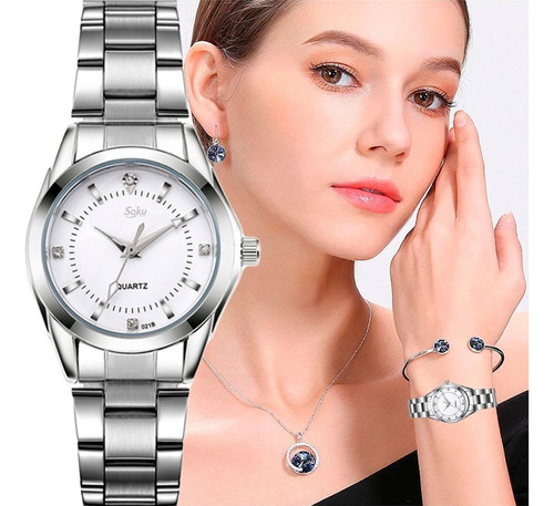 Reloj Mujer Acero Inoxidable Elegante Metal Contra Agua Cx Color de la Correa Blanco