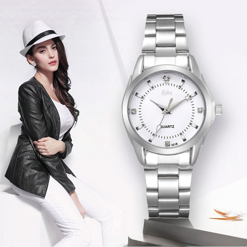 Reloj Mujer Acero Inoxidable Elegante Metal Contra Agua Cx Color de la Correa Blanco