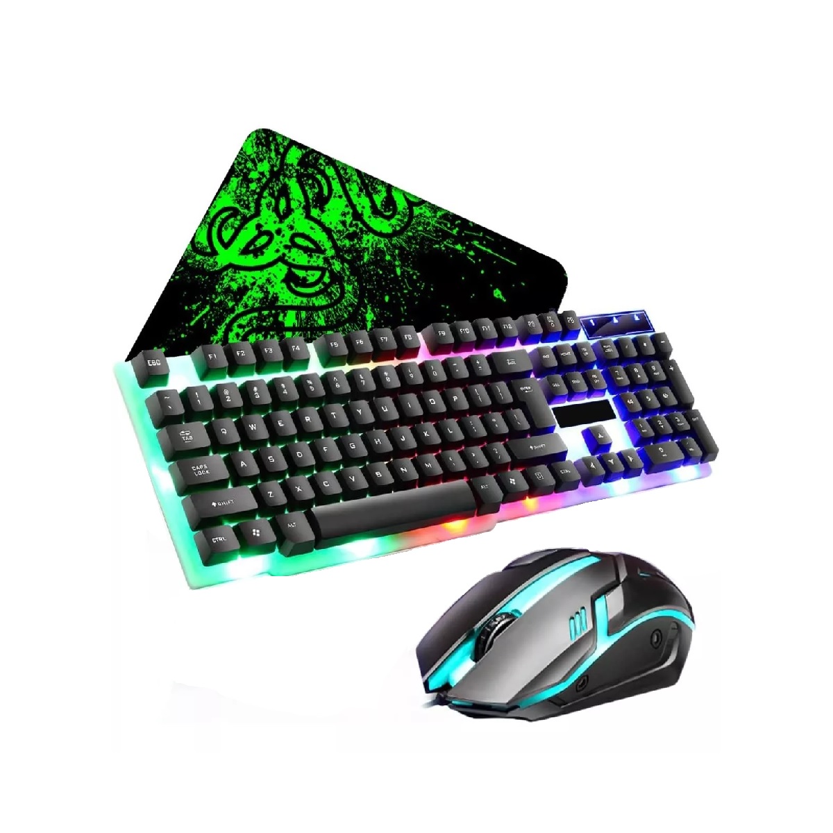 Kit Teclado Mouse Game Profesional Alfombrilla Negro c/Verde  Ratón Usb