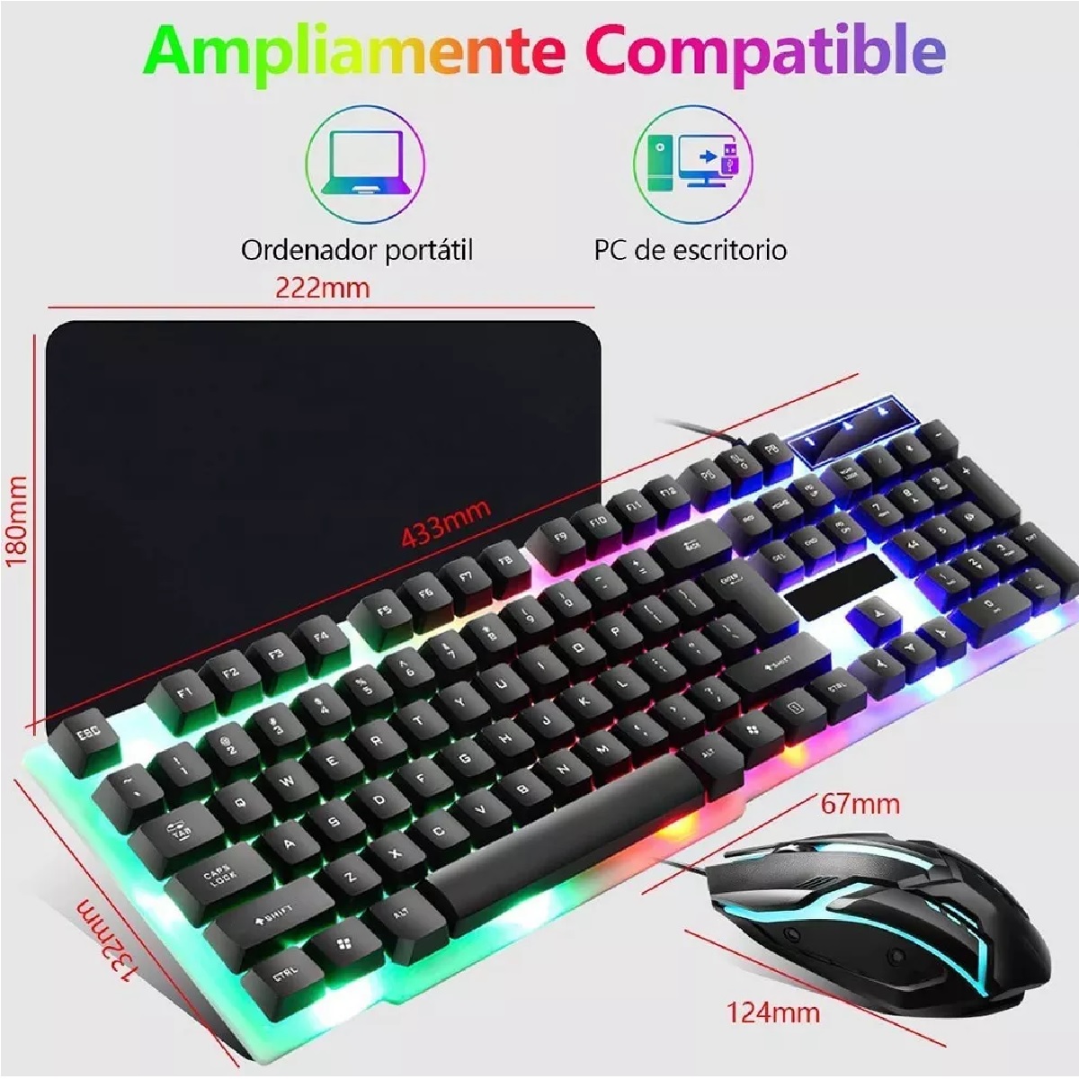 Kit Teclado Mouse Game Profesional Alfombrilla Negro c/Verde  Ratón Usb