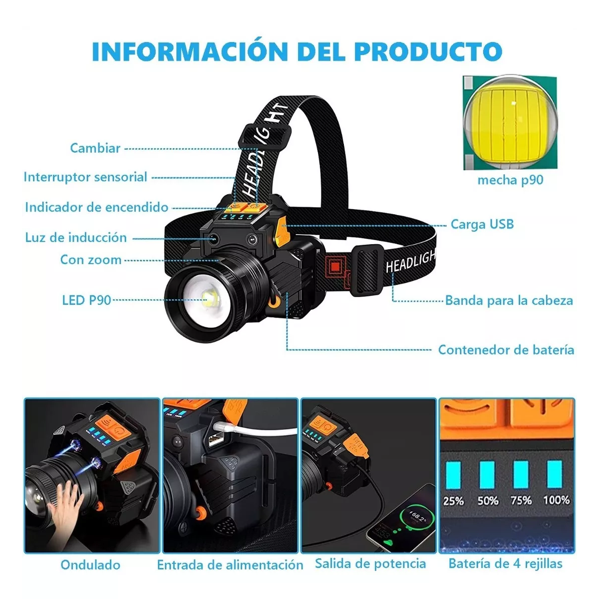 Lámpara Led Cabeza Minera Recargable Impermeable