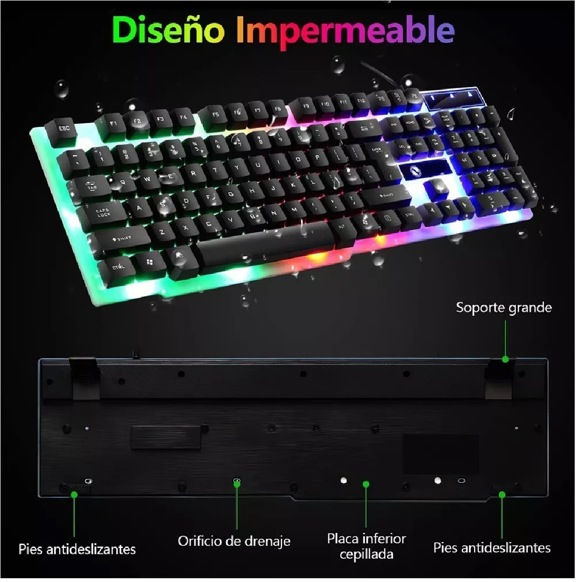 Kit Teclado Mouse Game Profesional Alfombrilla Negro c/Verde  Ratón Usb